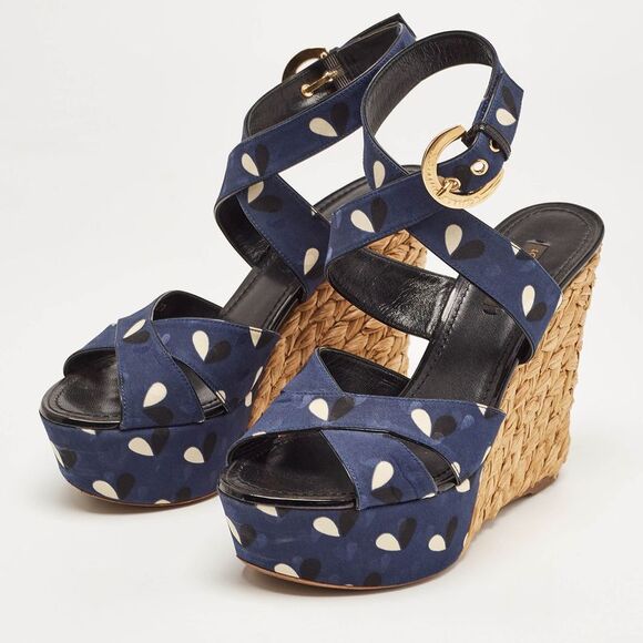 Louis Vuitton Navy Blue Printed Fabric Espadrille Wedge Ankle Wrap Sandals - Picture 2 of 4